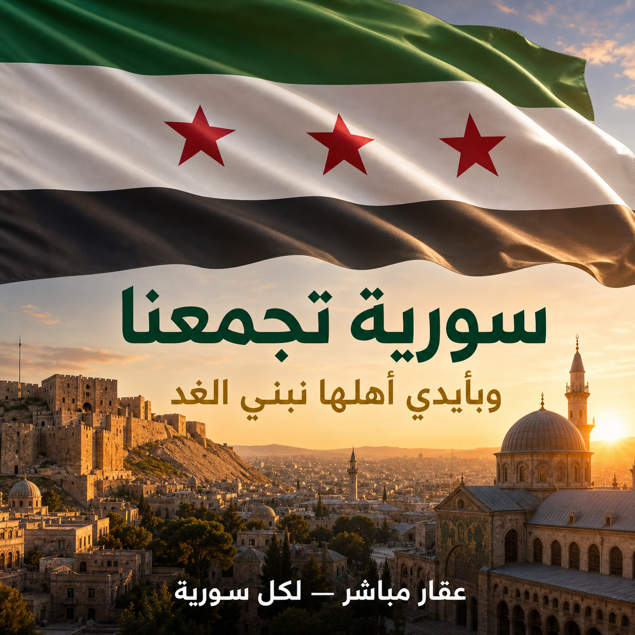 العلم السوري وعبارة سورية تجمعنا وبأيدي أهلها نبني الغد